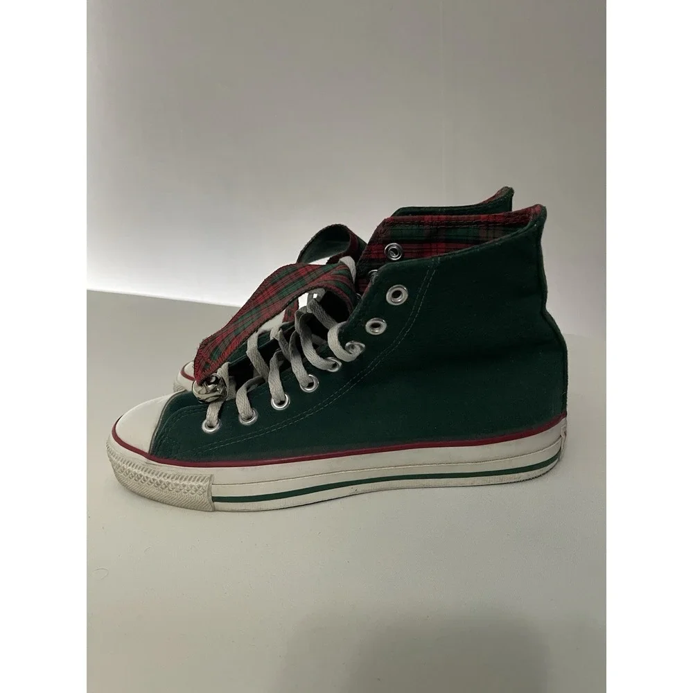 VTG Chuck Taylor Green Allstar‎ W/Plaid Elf Jingle Bells High Top Shoes Size 6.5